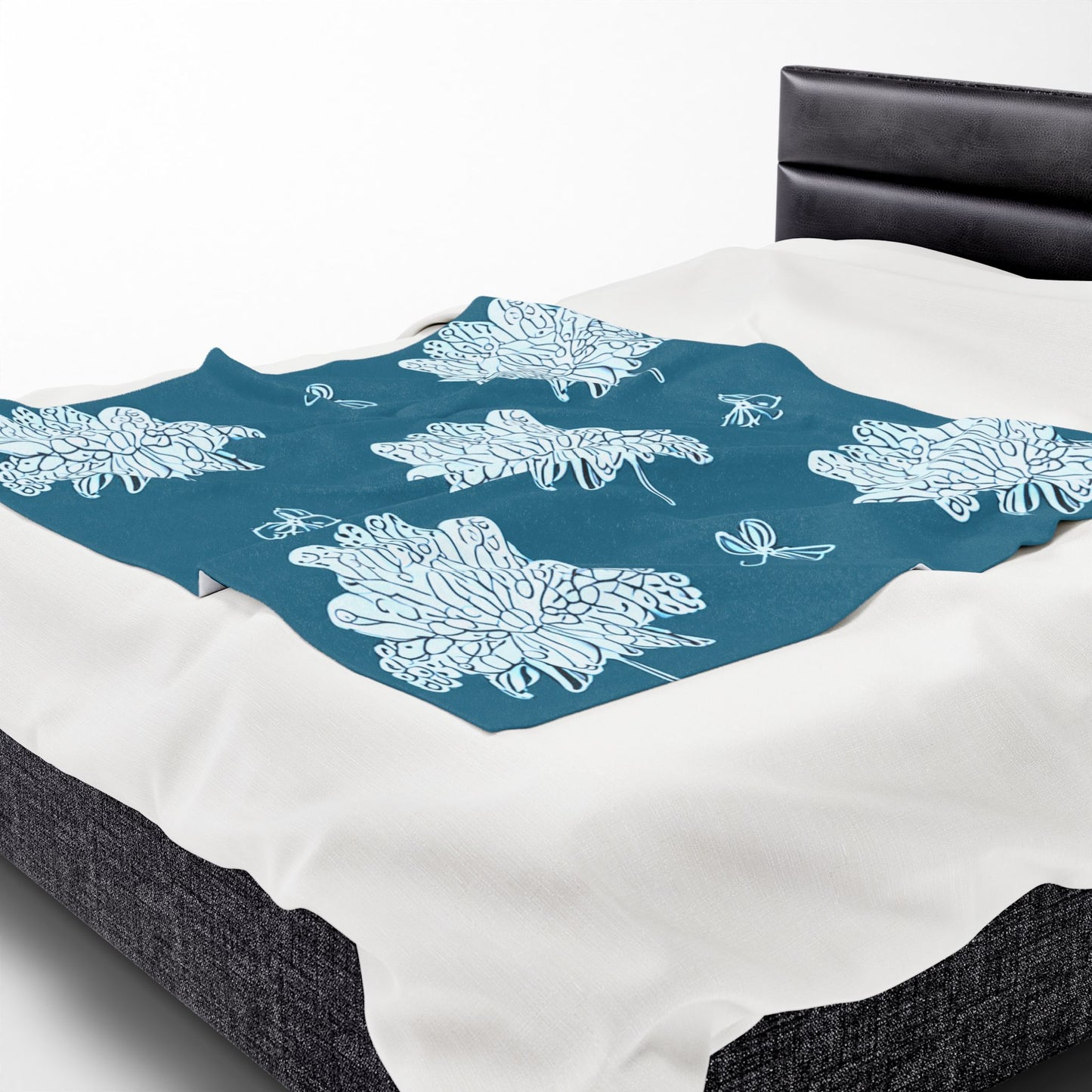 Tif Green White Floral Butterflies Velveteen Plush Blanket, 50" x 60"