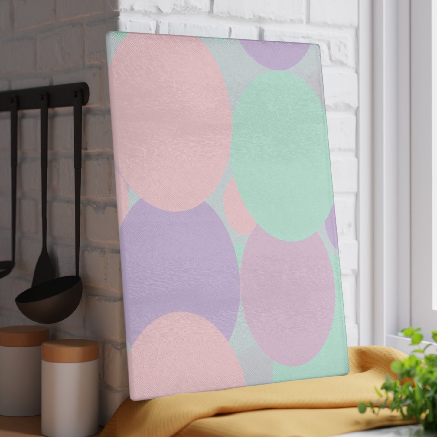 Pastel Peach and Soft Green Patches 11" x 15" Glass Cutting Board