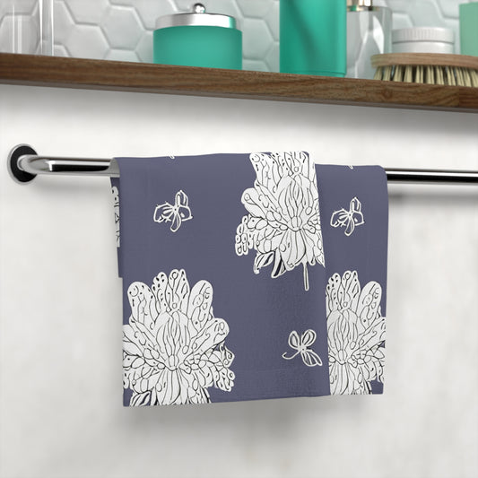 White Floral Butterflies Face Towel, 13" x 13"