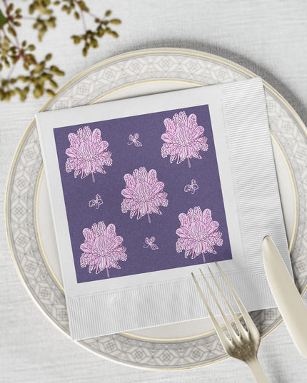 Magenta Floral Butterflies White Coined Napkins, 6.5" x 6.5"