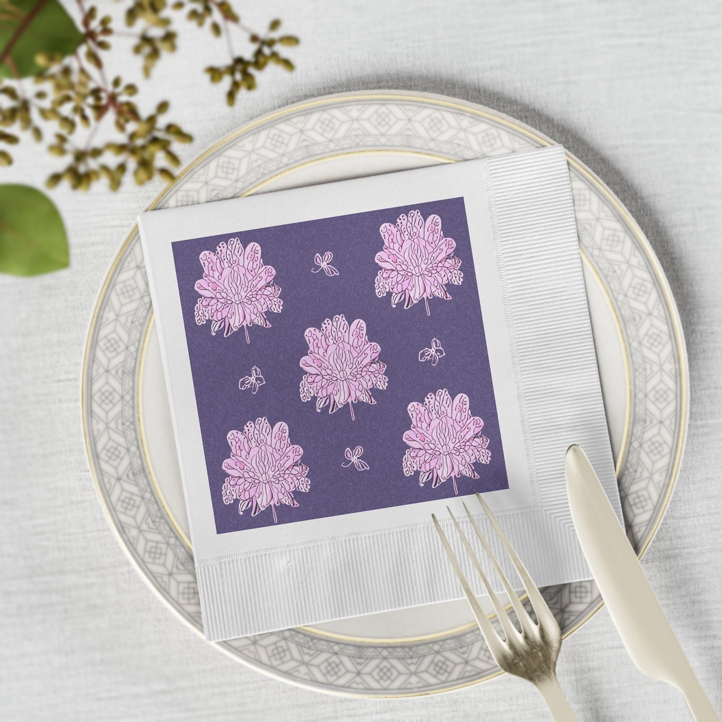 Magenta Floral Butterflies White Coined Napkins, 6.5" x 6.5"