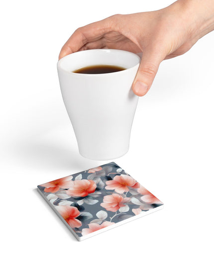 Red Blossom Floral Bunch Square Ceramic Coaster, 4" x 4"