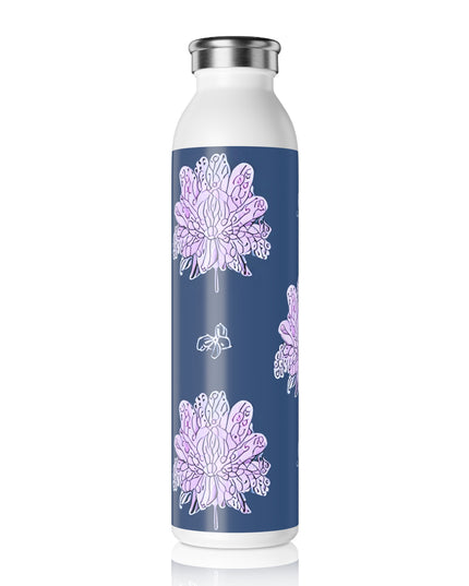 Purple White Floral Butterflies Slim Water Bottle, 20 oz White
