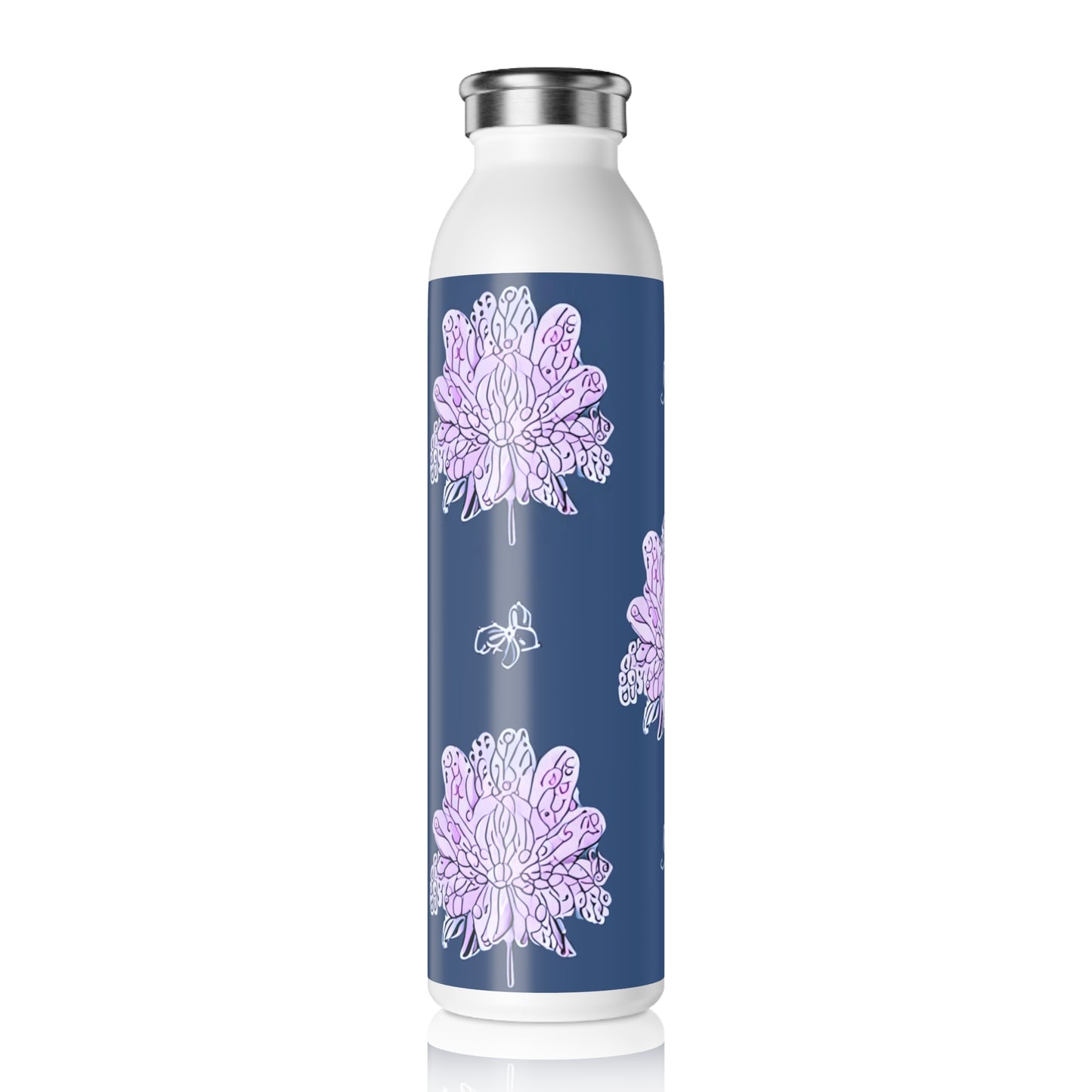 Purple White Floral Butterflies Slim Water Bottle, 20 oz White