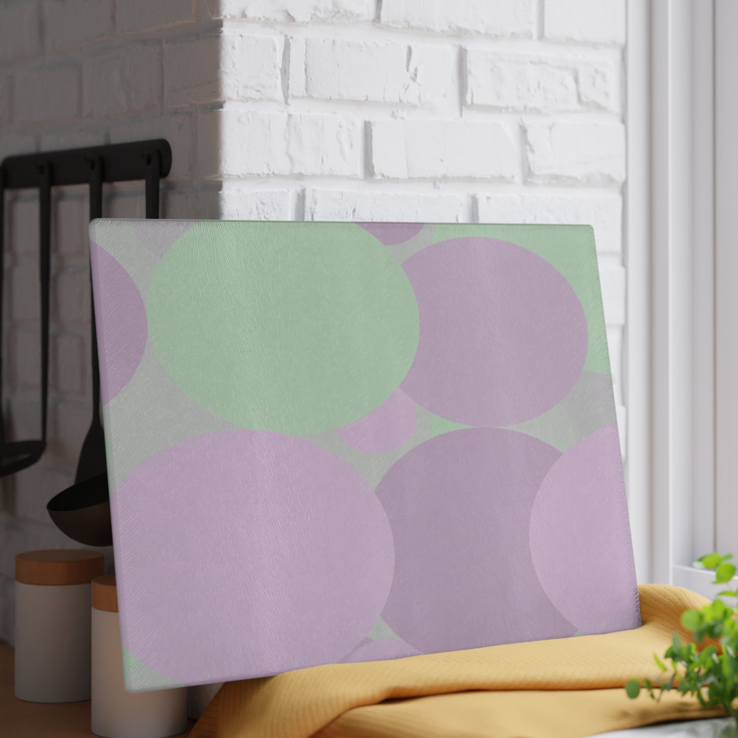 Pastel Lavender Purple and Soft Green Patches 11" x 15" Glass Cutting Board