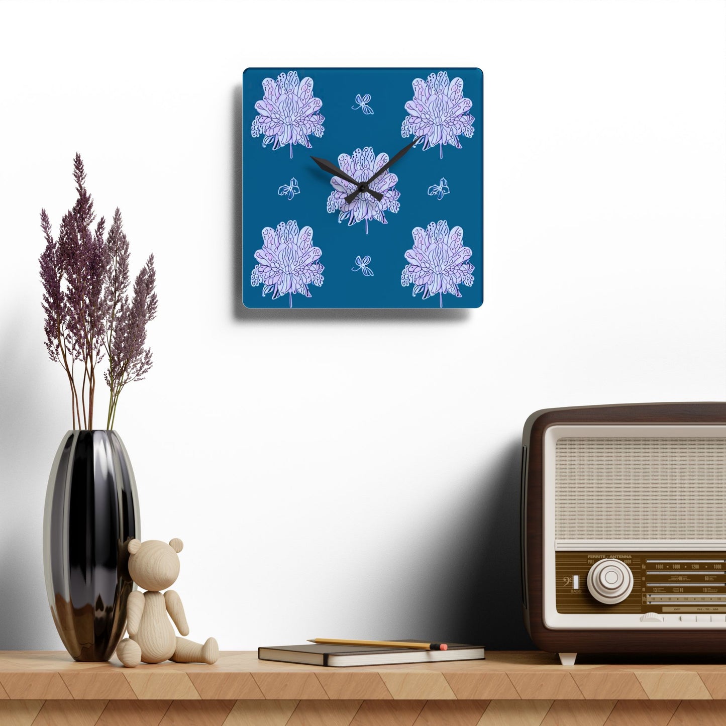 Lavender Floral Butterflies Acrylic Wall Clock, Round or Square, 10.75" x 10.75"