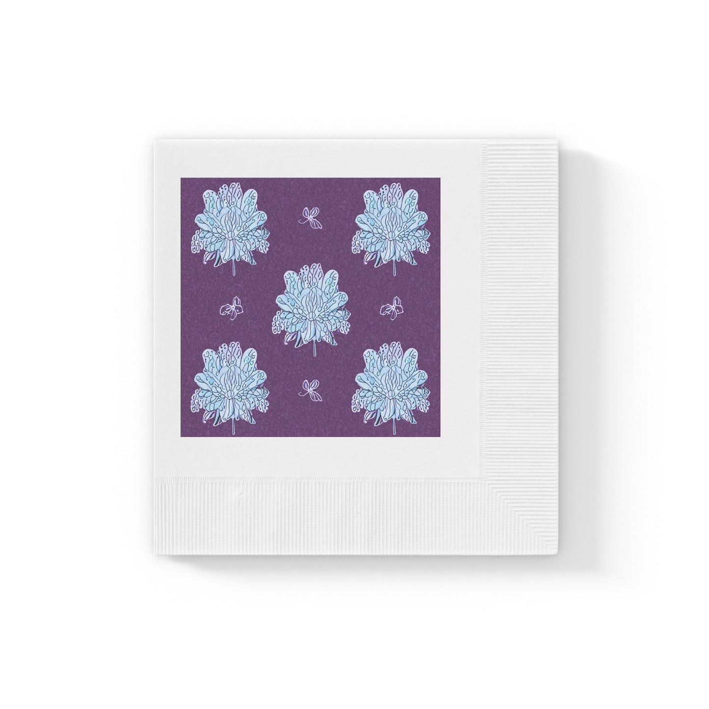 Blue Floral Butterflies White Coined Napkins, 4.8" x 4.8"