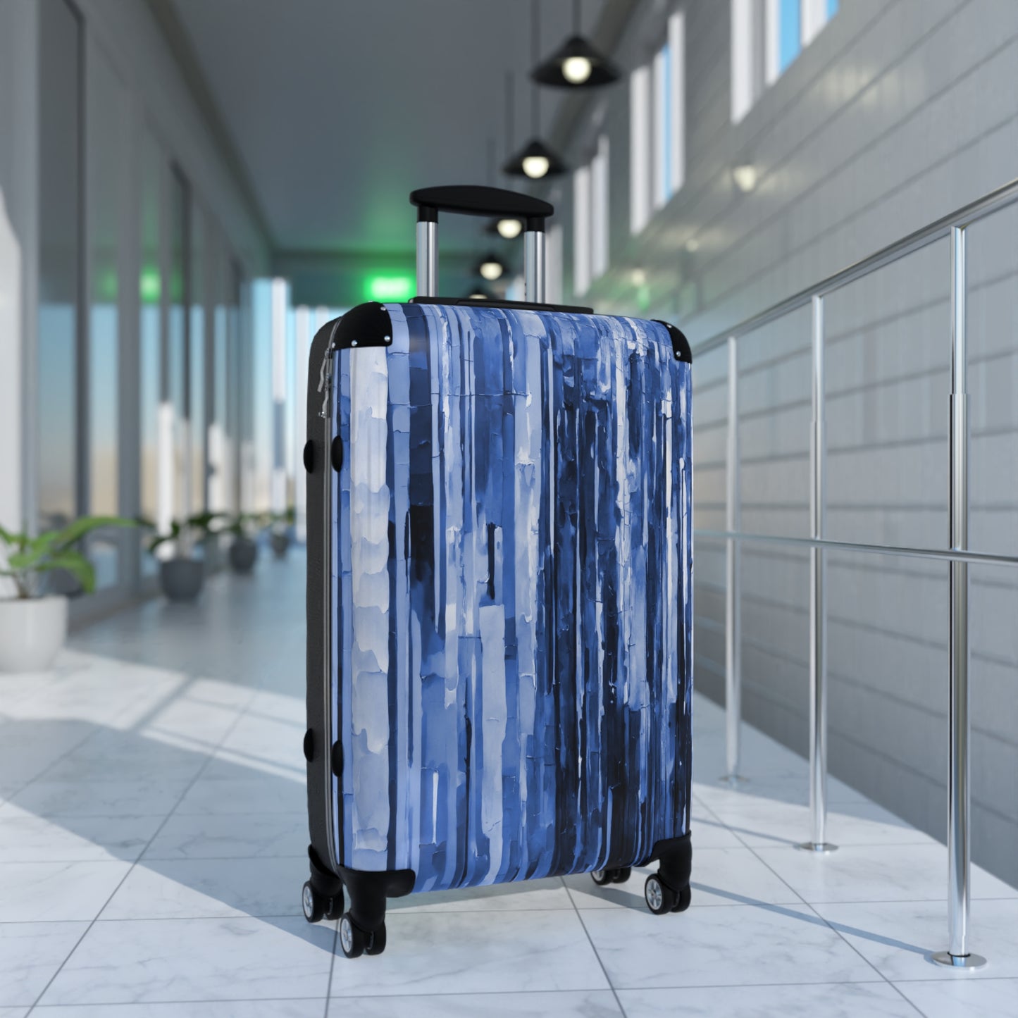 Striped Deep Blue Medium Suitcase with built in lock, 4 double-wheels, telescopic handle, and ABS back hard-shell