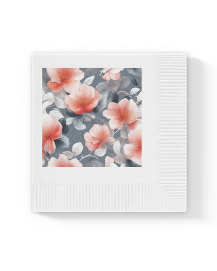Red Blossom Floral Bunch White Coined Napkins, 4.8" x 4.8"