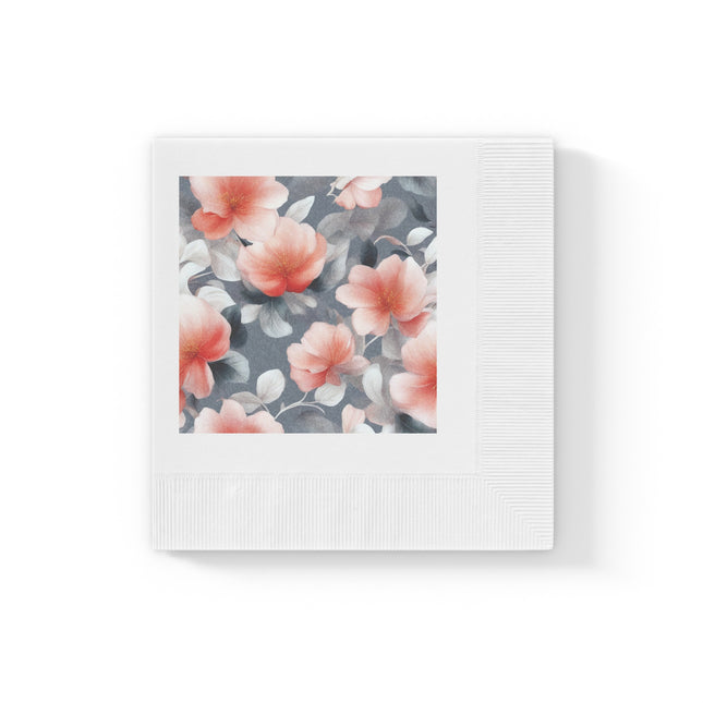 Red Blossom Floral Bunch White Coined Napkins, 4.8" x 4.8"