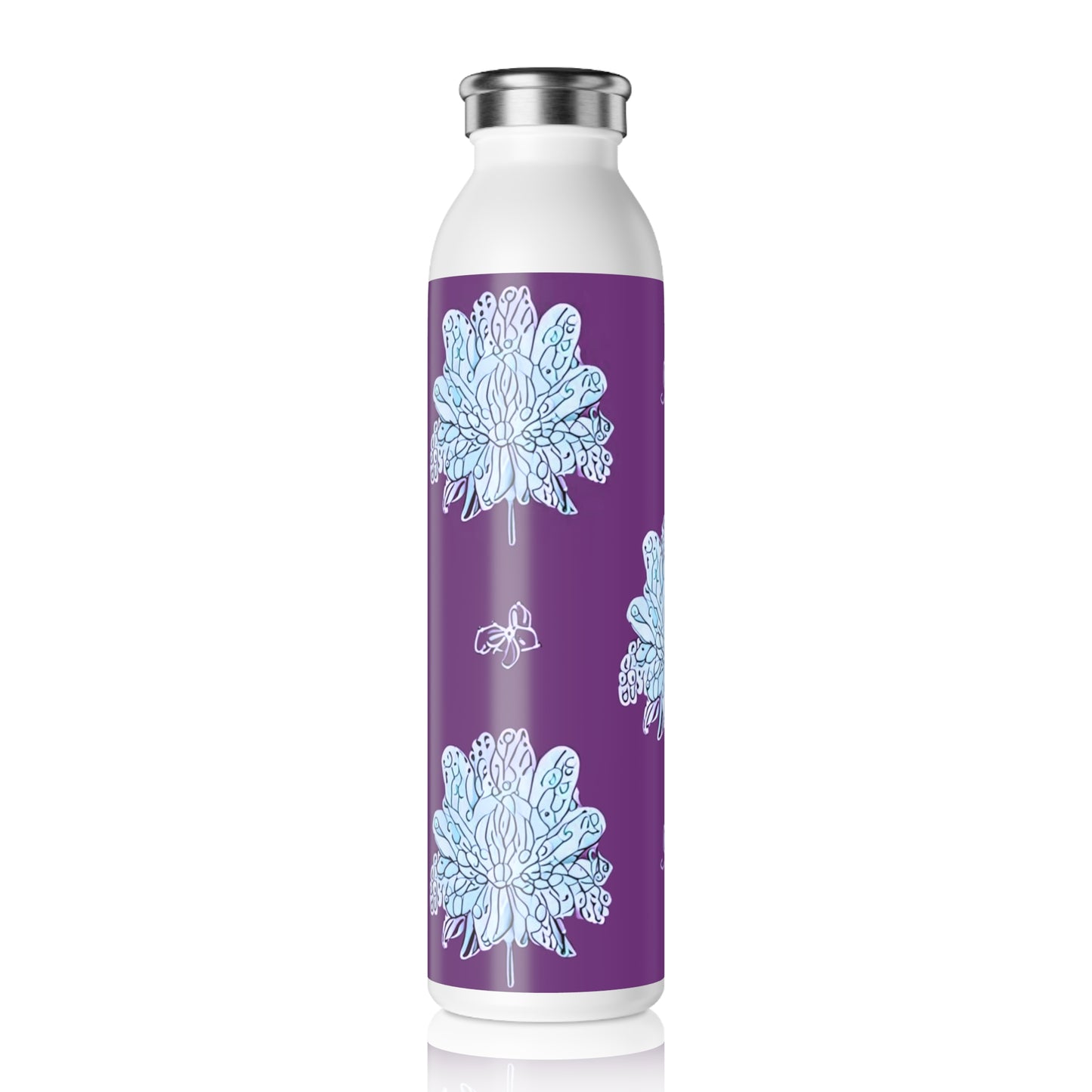 Blue Floral Butterflies Slim Water Bottle, 20 oz White
