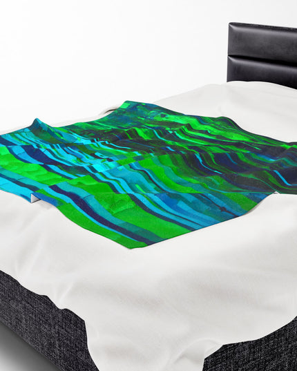 Striped Blue Green Velveteen Plush Blanket, 50" x 60"