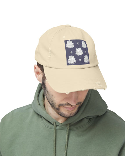 White Floral Butterflies Unisex Distressed Cap