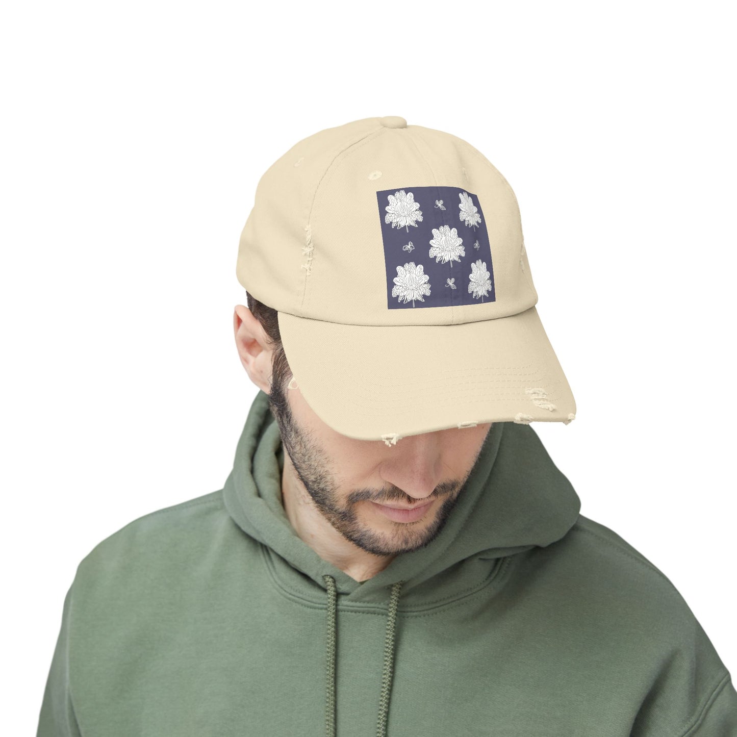 White Floral Butterflies Unisex Distressed Cap