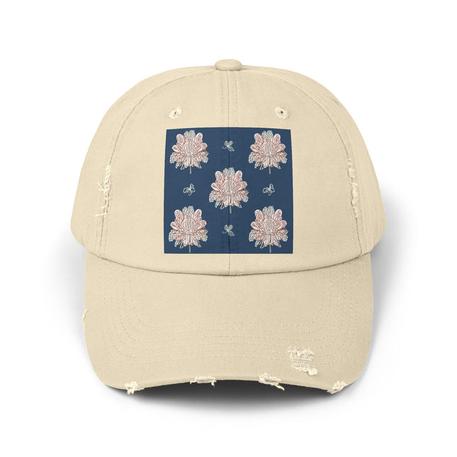 Rose White Floral Butterflies Unisex Distressed Cap
