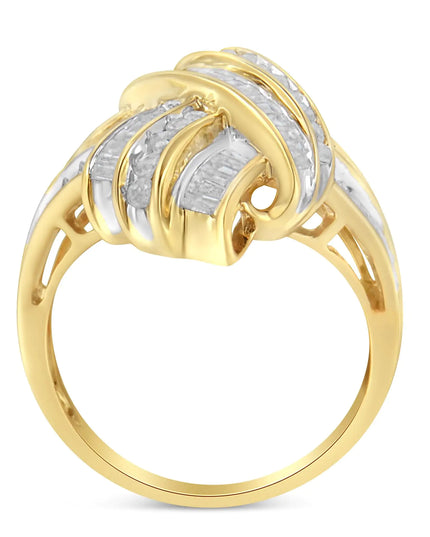 10K Yellow Gold Plated .925 Sterling Silver 1.0 Cttw Round & Baguette Diamond Knot Channel Statement Ring (I-J Color, I2-I3 Clarity)