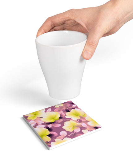 Lemon Blossom Floral Bunch Square Ceramic Coaster, 4" x 4"