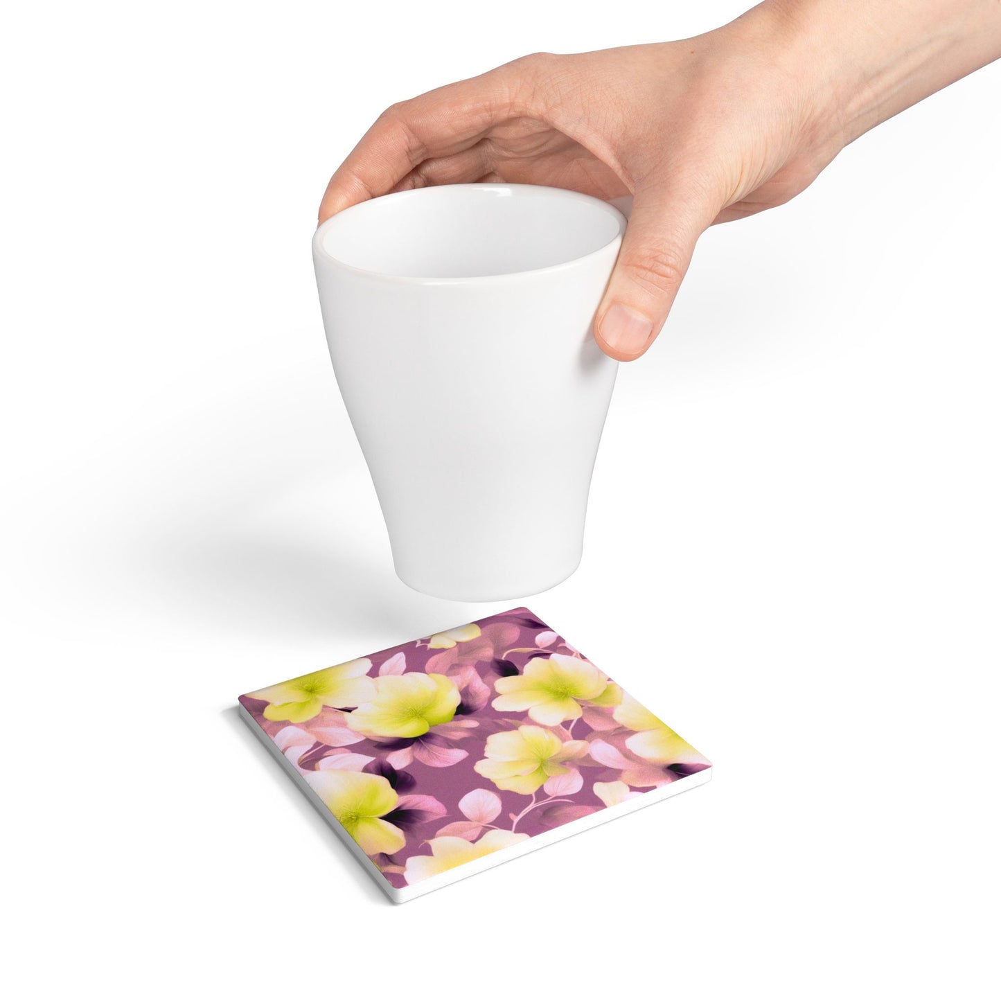 Lemon Blossom Floral Bunch Square Ceramic Coaster, 4" x 4"
