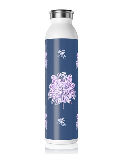 Purple White Floral Butterflies Slim Water Bottle, 20 oz White