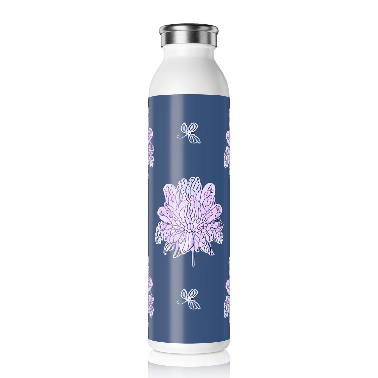 Purple White Floral Butterflies Slim Water Bottle, 20 oz White