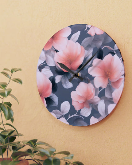 Peach and Blue Gray Floral Bunch Acrylic Wall Clock, Round or Square, 10.75" x 10.75"