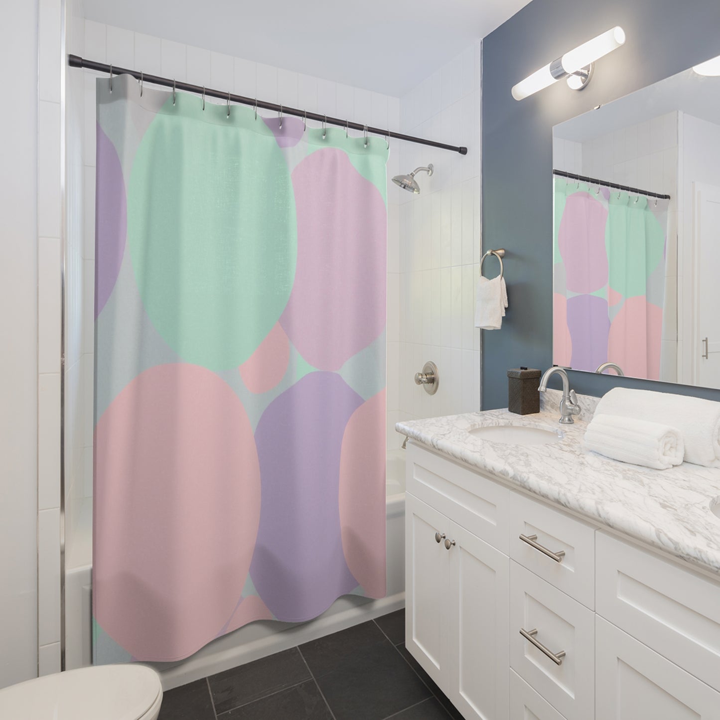 Pastel Peach and Soft Green Patches Shower Curtains, 71" x 74"