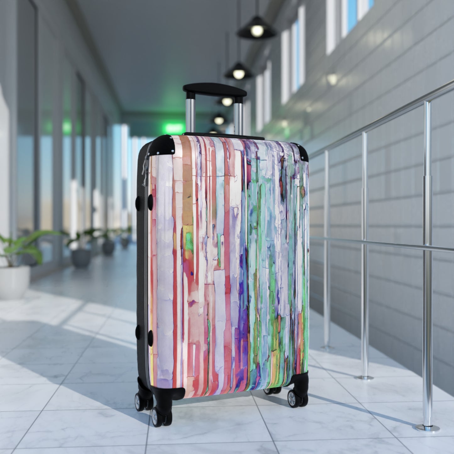 Striped Pastels Medium Suitcase with built in lock, 4 double-wheels, telescopic handle, and ABS back hard-shell