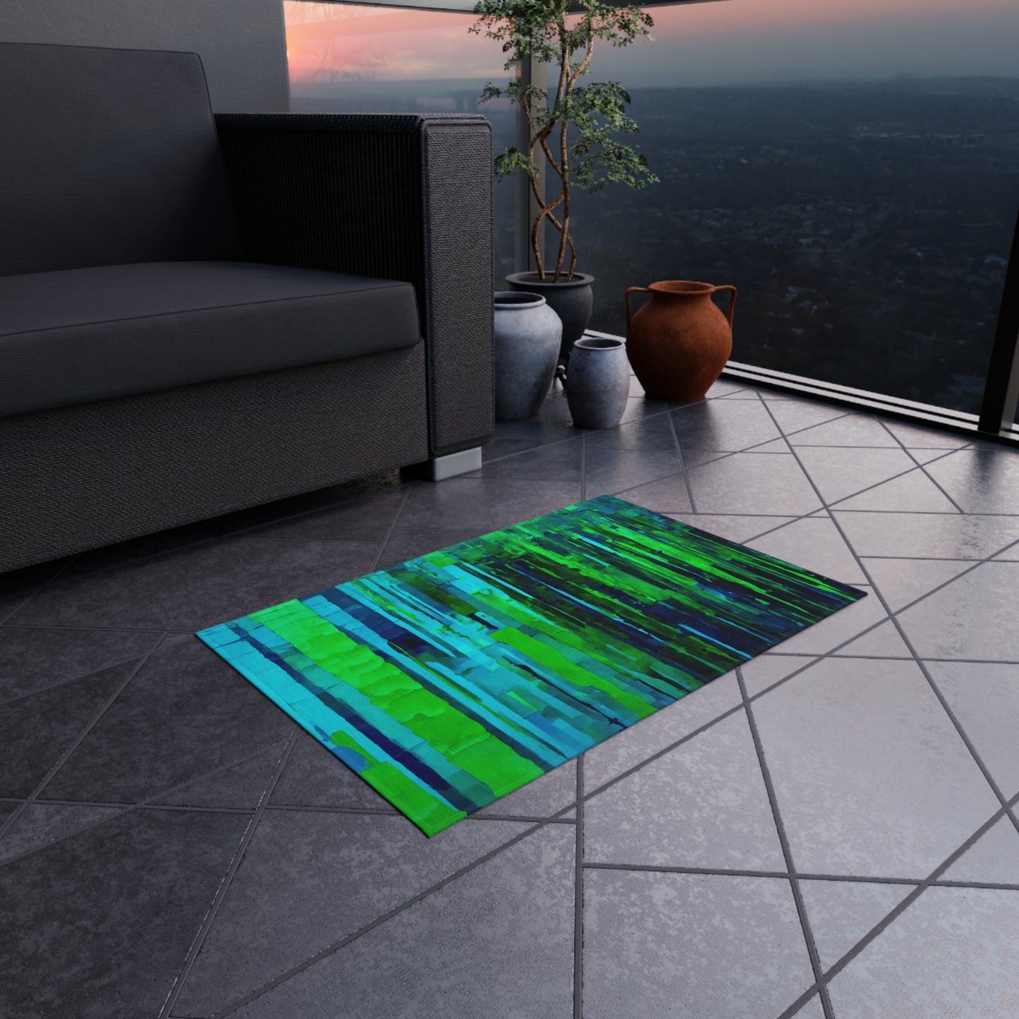 Striped Blue Green Outdoor Rug, 24" x 36"