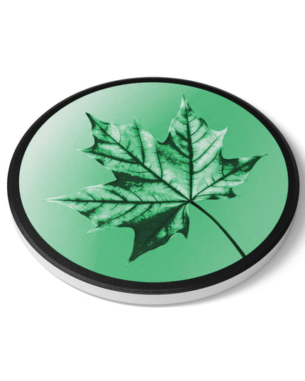 Mint Green Maple Leaf 4" x 4" Round Ceramic Coaster
