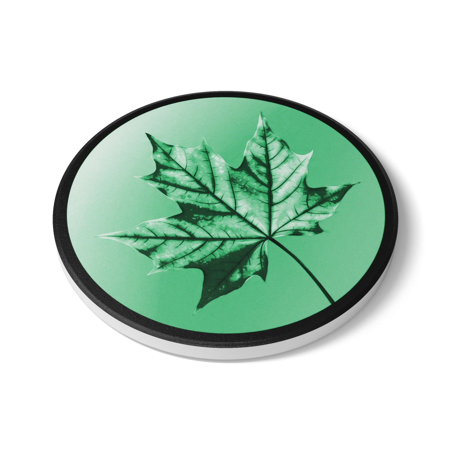 Mint Green Maple Leaf 4" x 4" Round Ceramic Coaster
