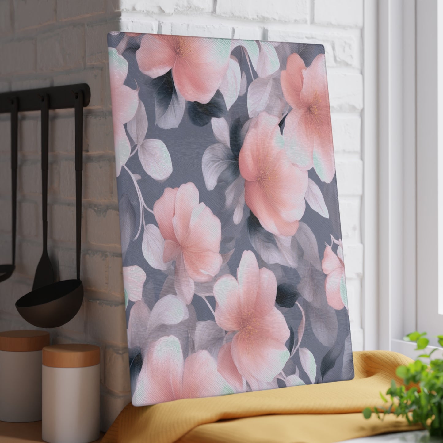 Peach and Blue Gray Floral Bunch Glass Cutting Board, 11" x 15"