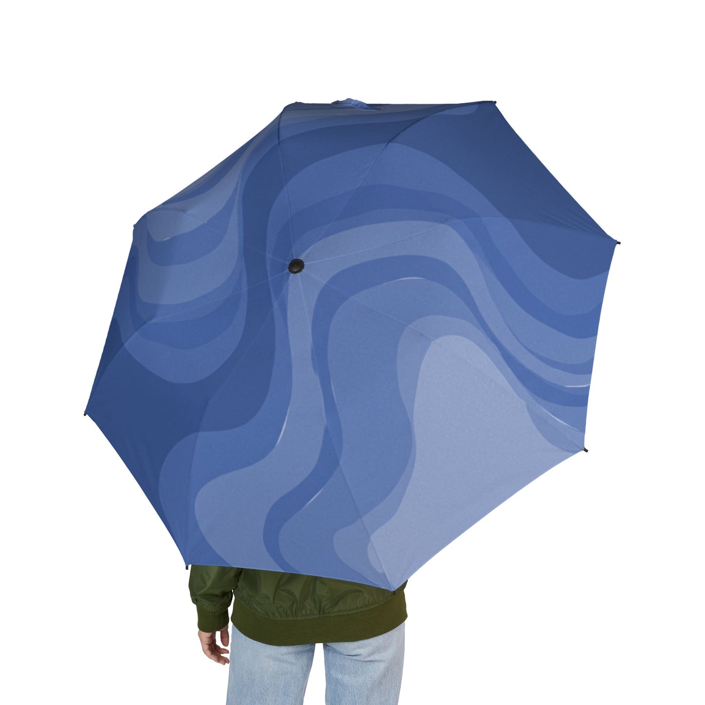 Deep Blue Wavey Foldable Umbrella - Compact & Chic