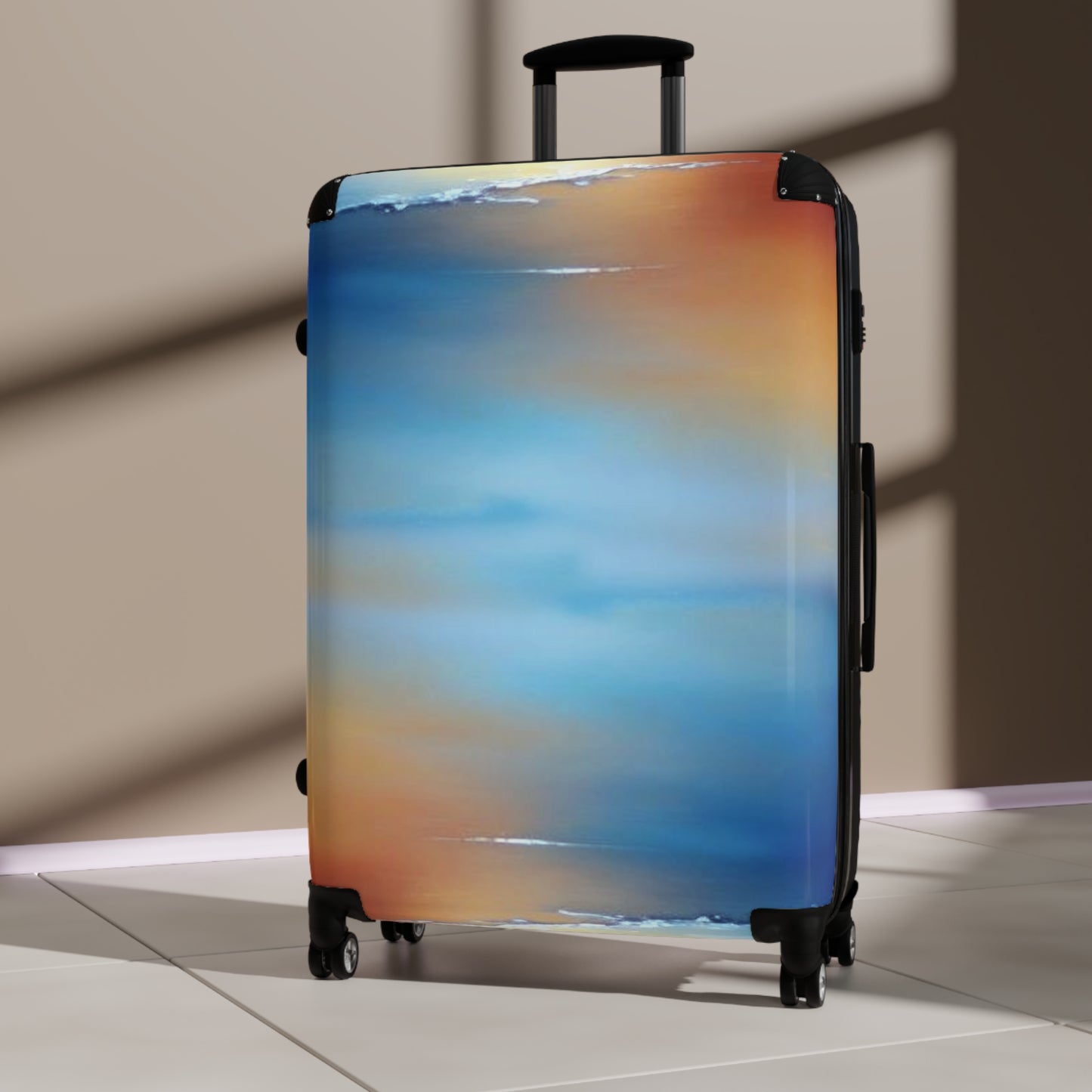 Blue Sea Red Orange Fog Large Suitcase with built in lock, 4 double-wheels, telescopic handle, and ABS back hard-shell