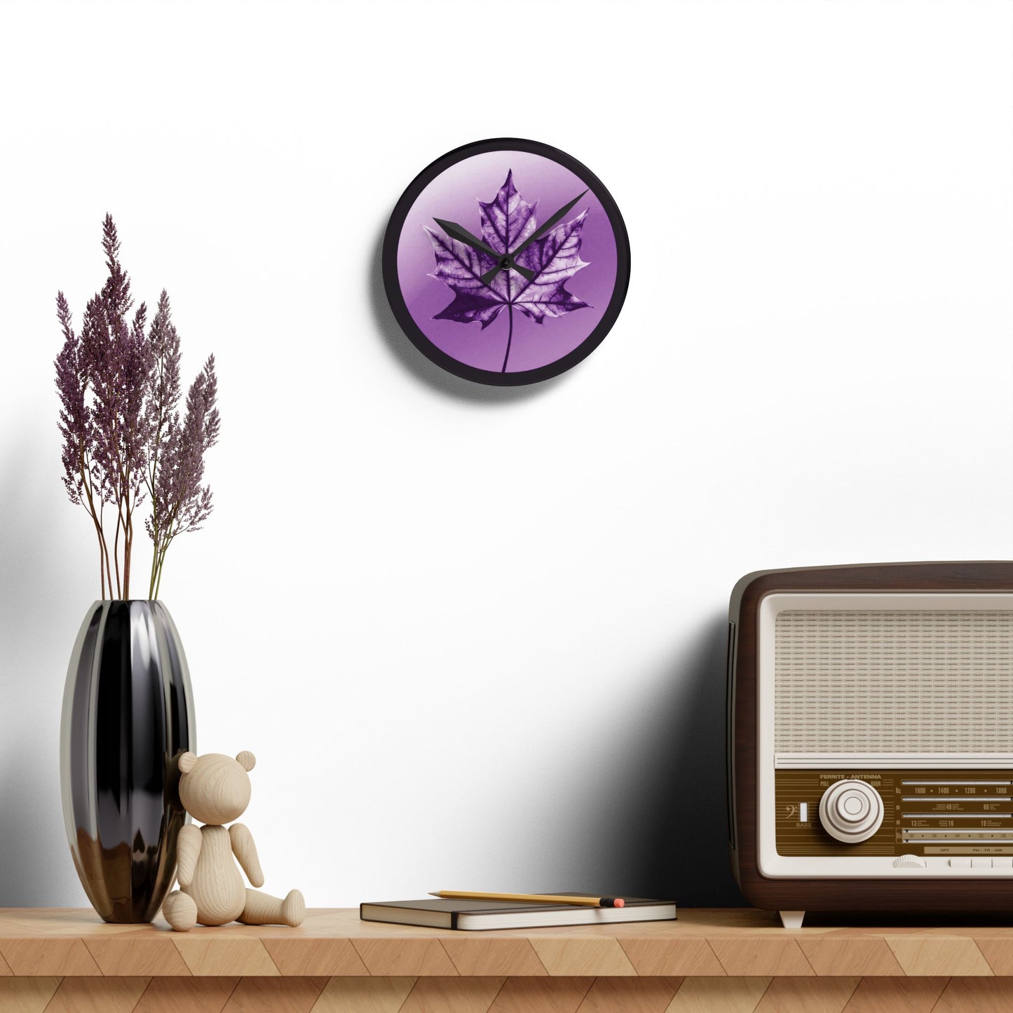 Purple Maple Leaf Acrylic Round Wall Clock, 8" x 8"