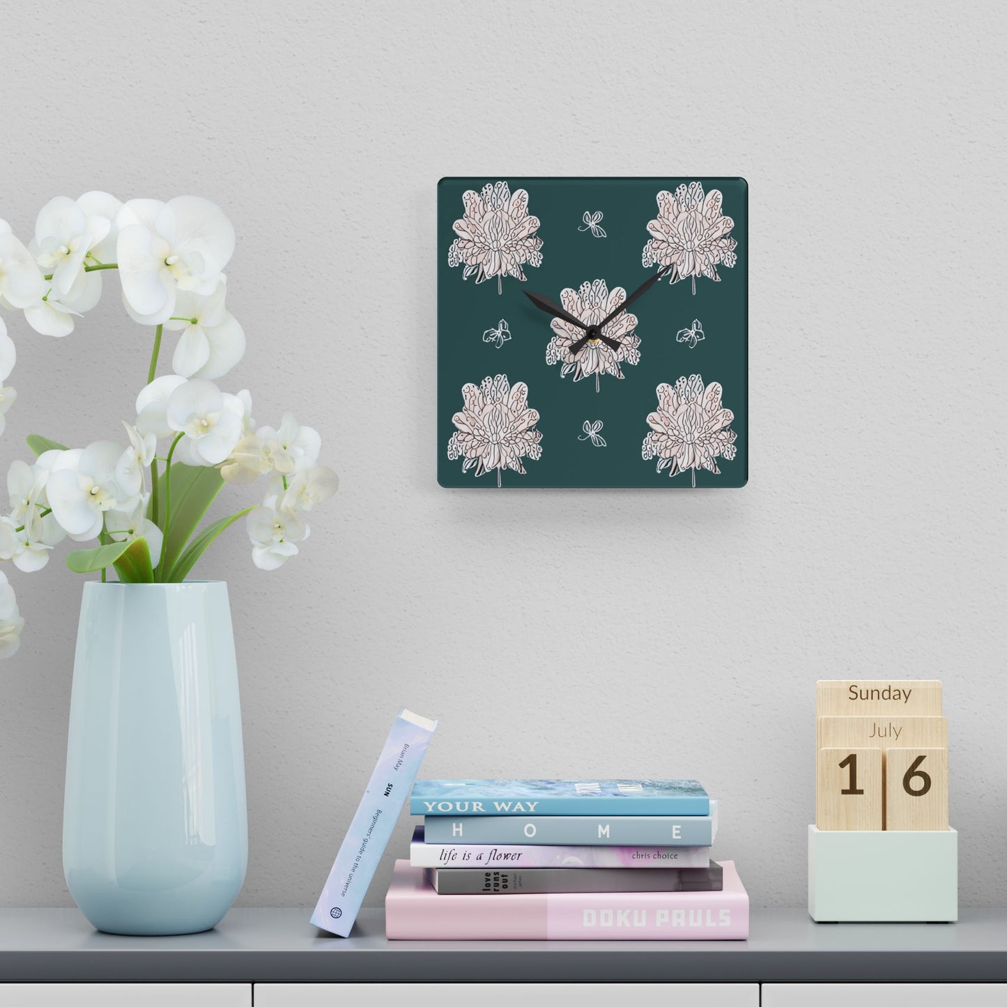 Soft White Floral Butterflies Acrylic Wall Clock, Round or Square, 10.75" x 10.75"