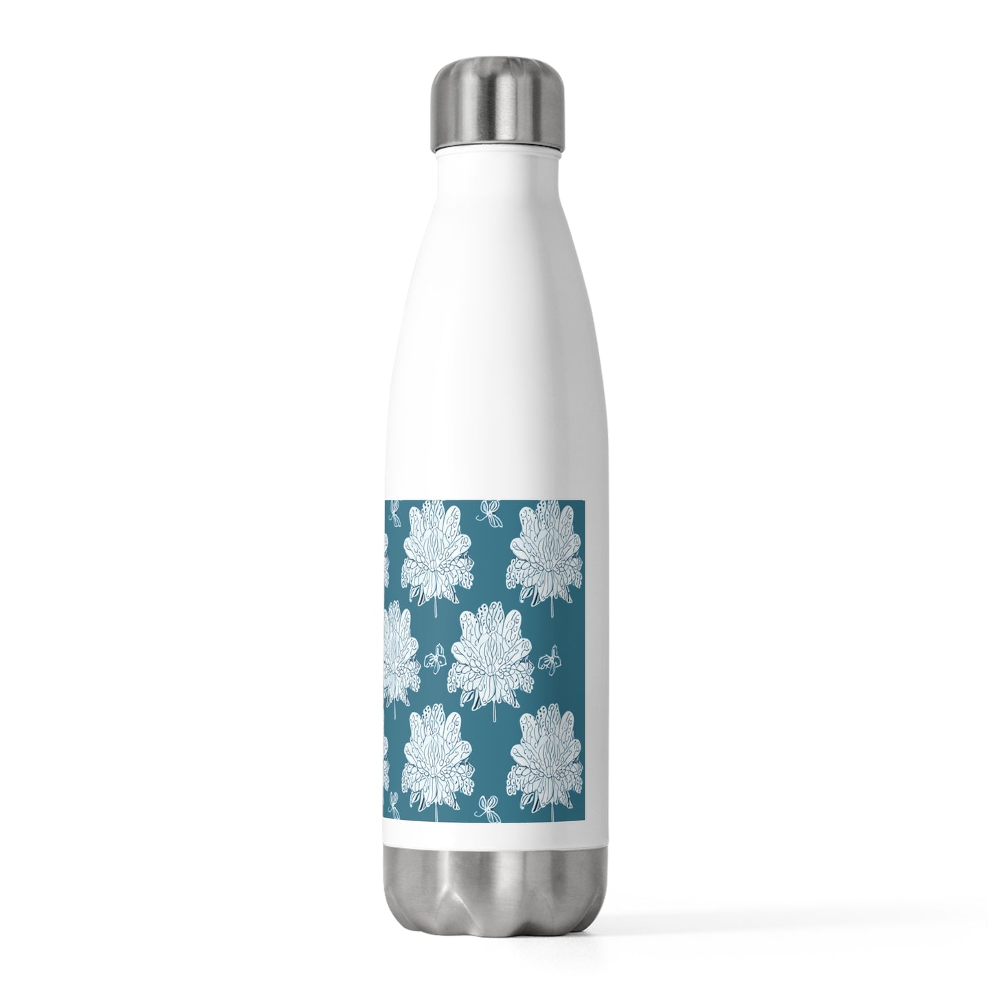 Tif Green White Floral Butterflies 20oz Insulated Water Bottle