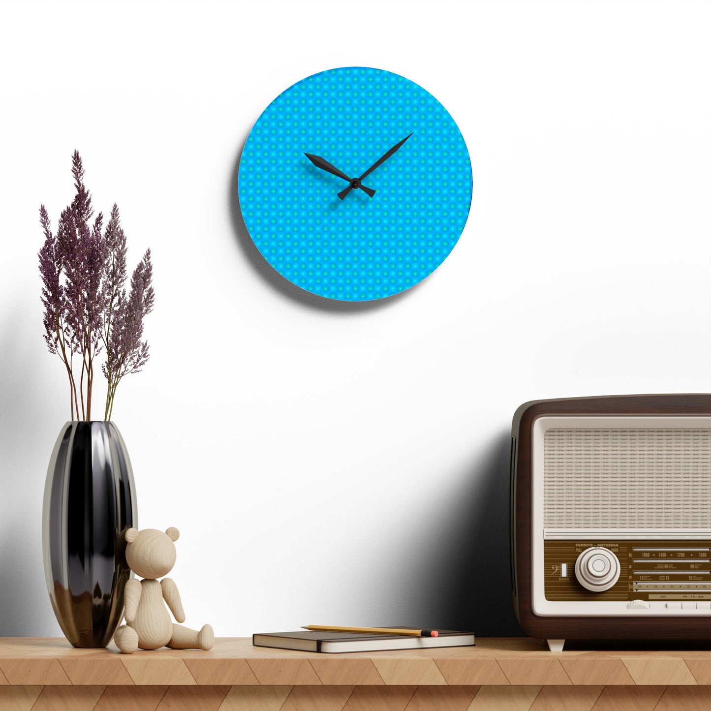Blue Green Star-crossed Bodies Acrylic Wall Clock, Round or Square, 10.75" x 10.75"