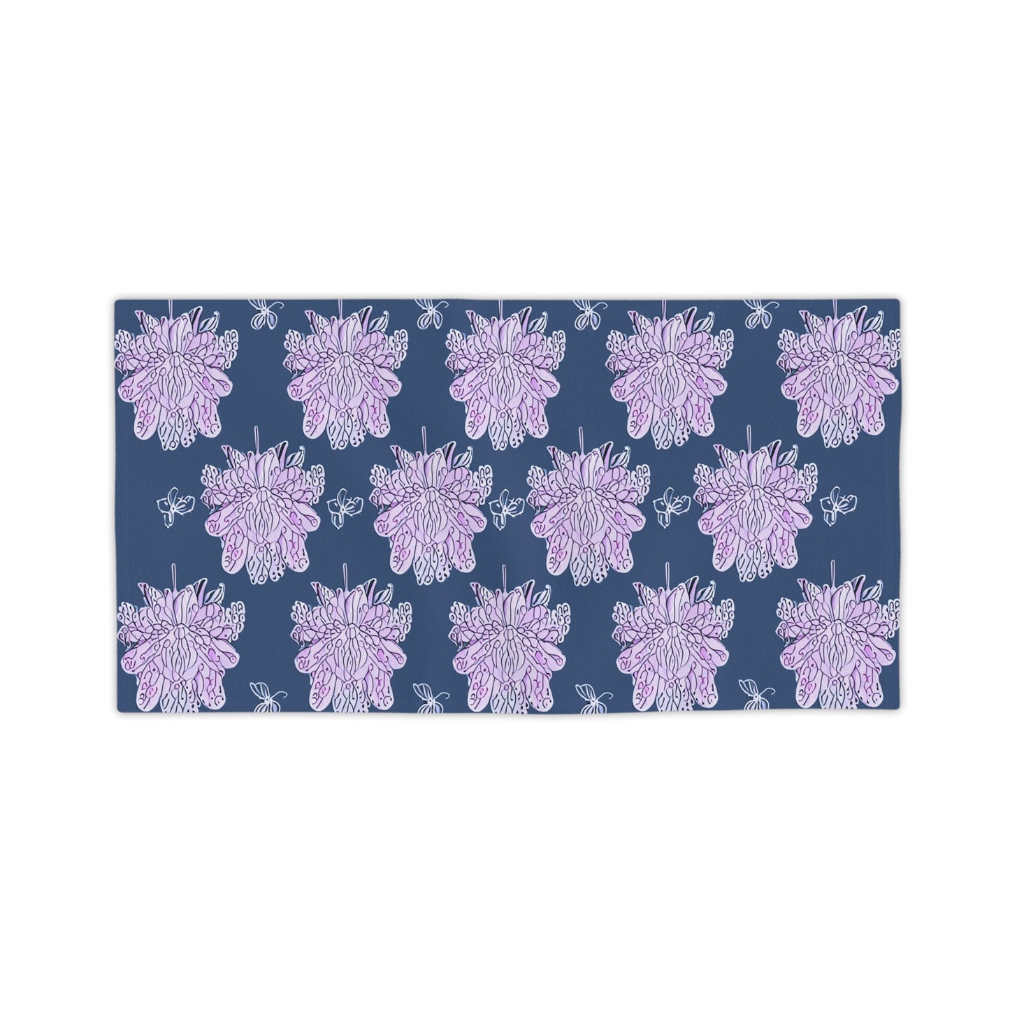 Purple White Floral Butterflies Beach Towel, 24" x 44"