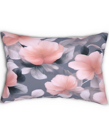 Peach and Blue Gray Floral Bunch Spun Polyester Lumbar Pillow, 20" x 14"