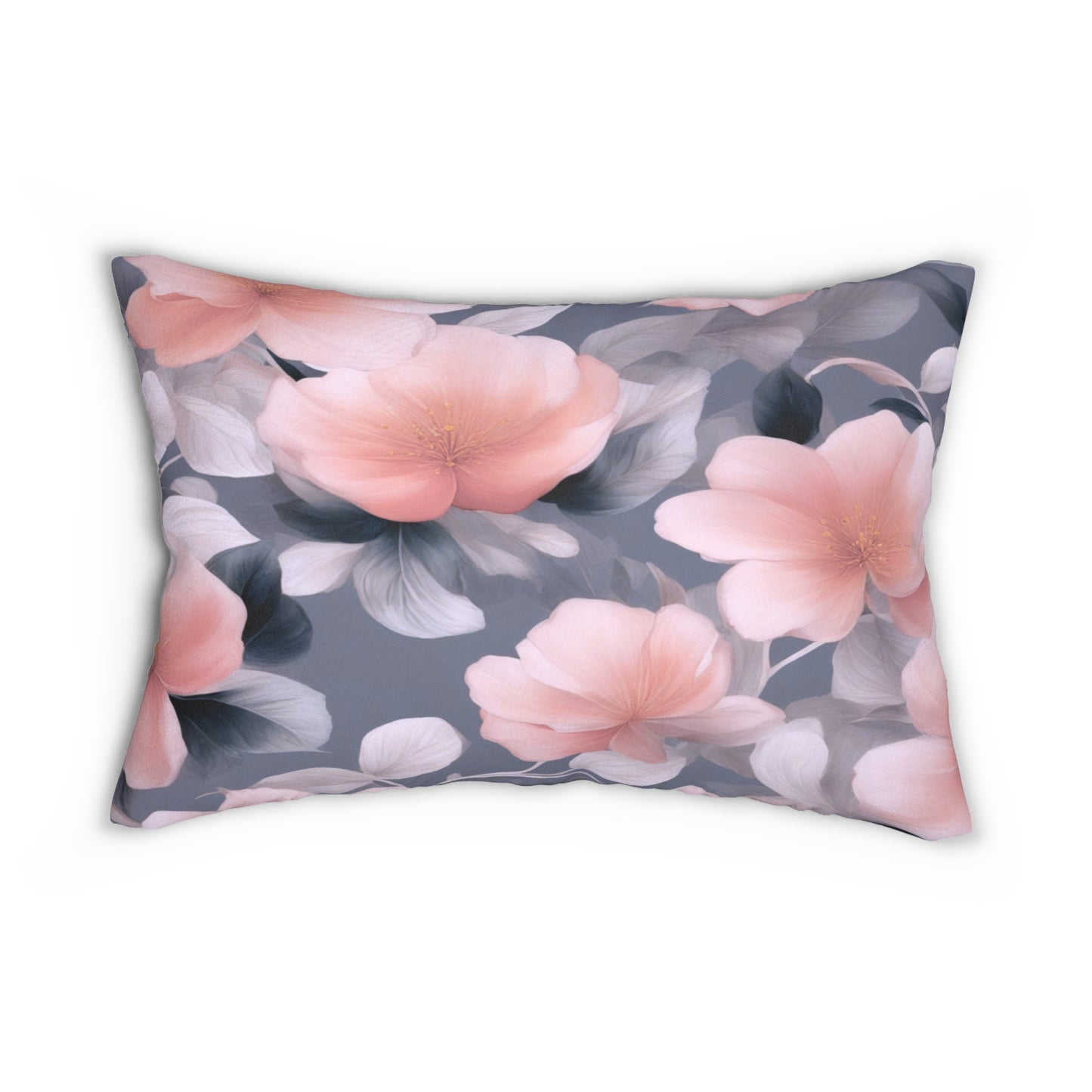 Peach and Blue Gray Floral Bunch Spun Polyester Lumbar Pillow, 20" x 14"