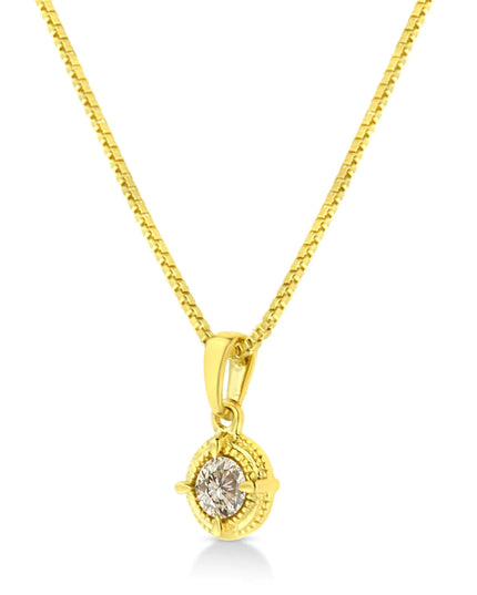 14K Yellow Gold Plated .925 Sterling Silver Brilliant Round Cut Diamond Solitaire Milgrain 18" Pendant Necklace