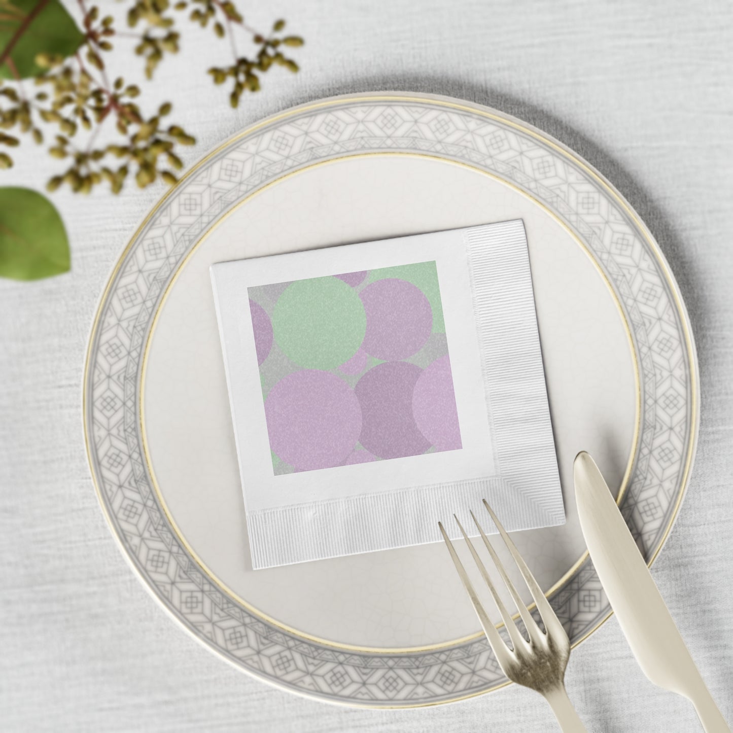 Pastel Lavender Purple and Soft Green Patches White Coined Napkins, 4.8" x 4.8"