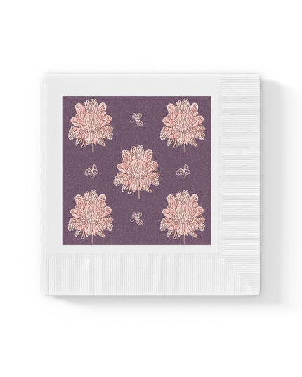 Pink Floral Butterflies White Coined Napkins, 6.5" x 6.5"