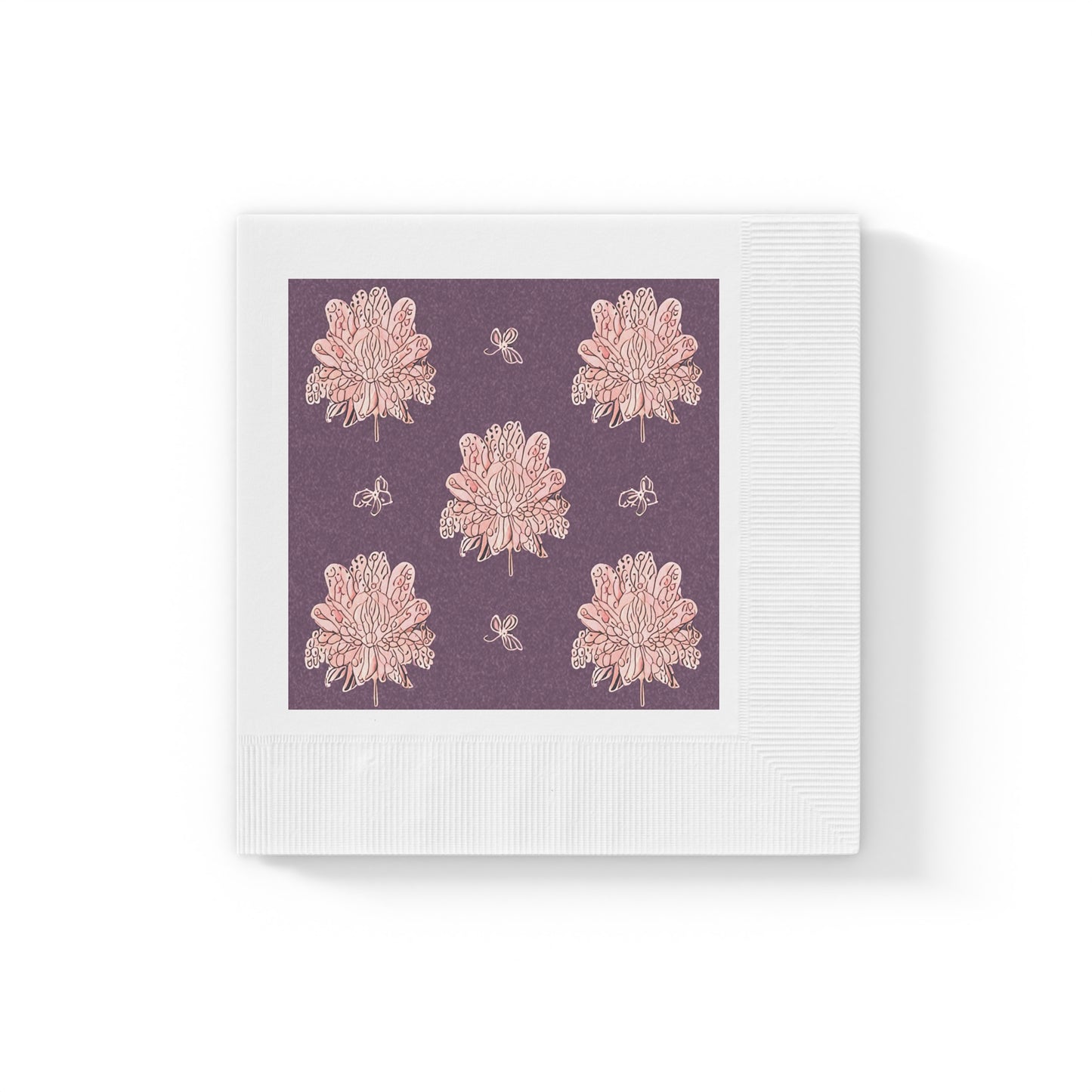 Pink Floral Butterflies White Coined Napkins, 6.5" x 6.5"