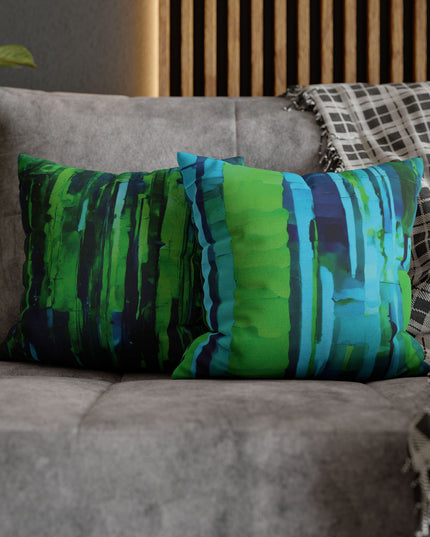 Striped Blue Green Spun Polyester Square Pillowcase, 14" x 14"