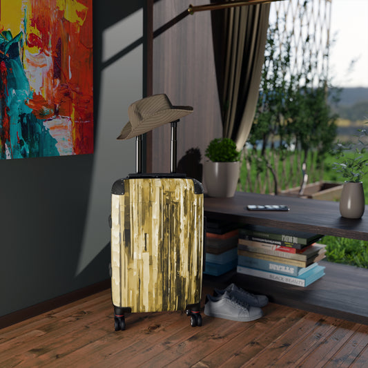 Striped Light Brown Small Suitcase with built in lock, 4 double-wheels, telescopic handle, and ABS back hard-shell