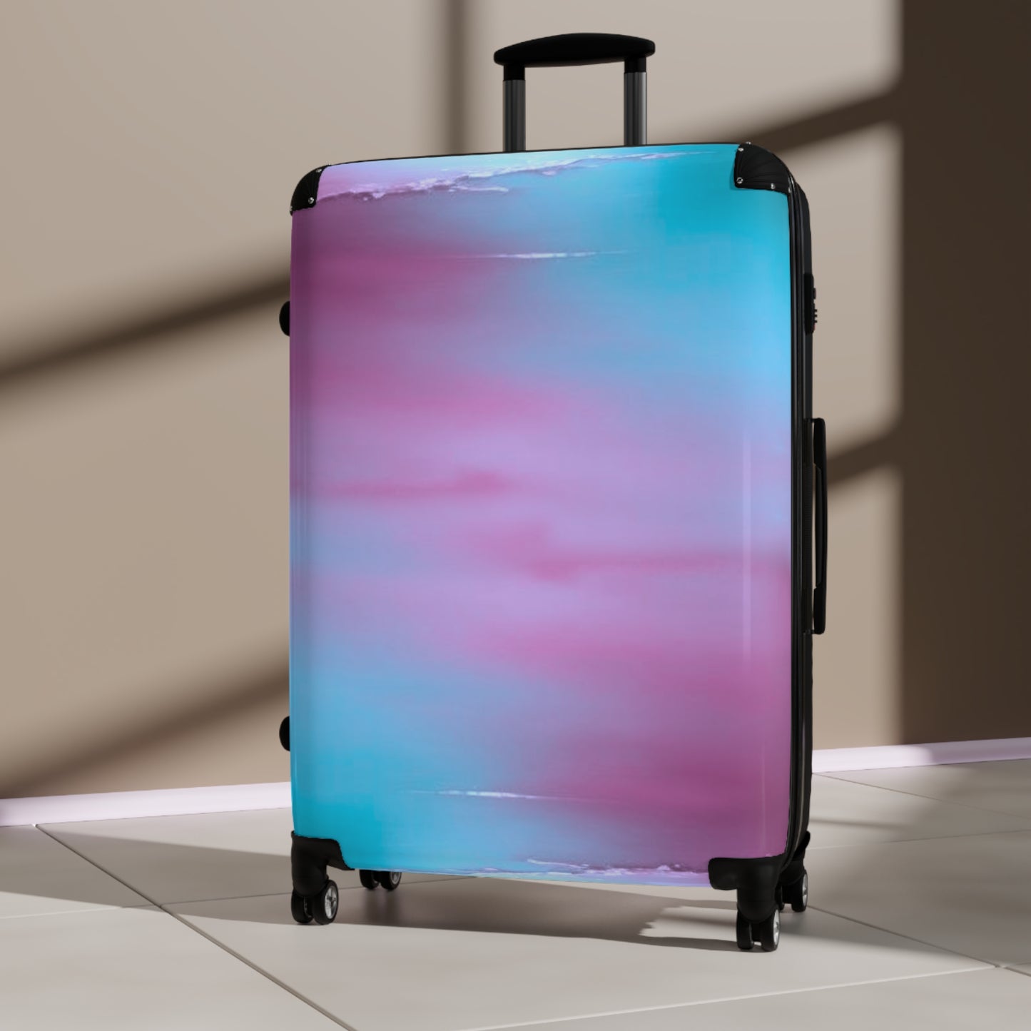 Wine Sea Blue Fog Large Suitcase with built in lock, 4 double-wheels, telescopic handle, and ABS back hard-shell