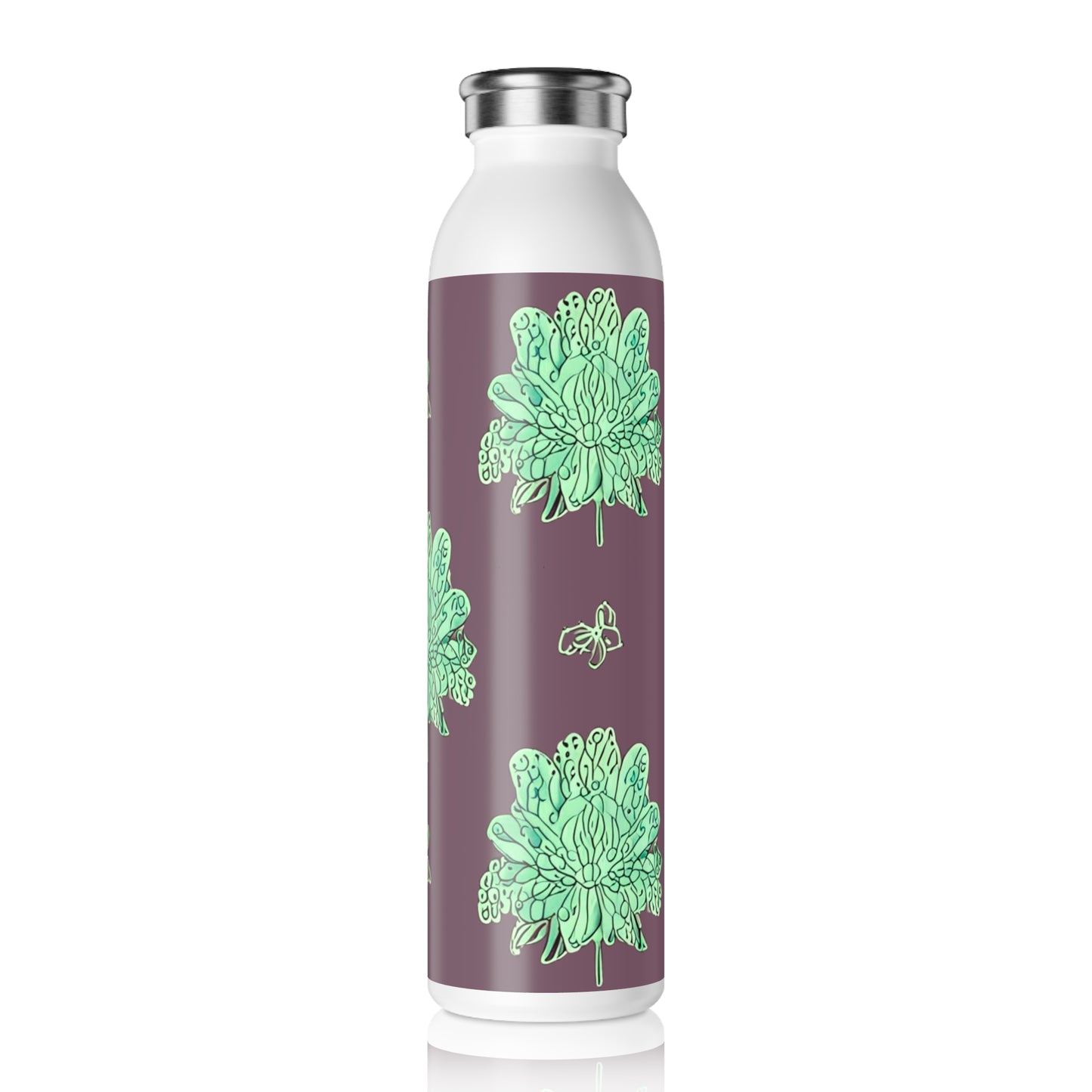 Mint Green Floral Butterflies Slim Water Bottle, 20 oz White