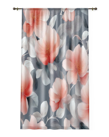 Red Blossom Floral Bunch Sheer Window Curtain, 50" x 84", partially transparent