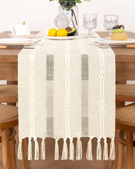 Rustic Macrame Table Runner Boho Linen With Tassels 13x60 Beige